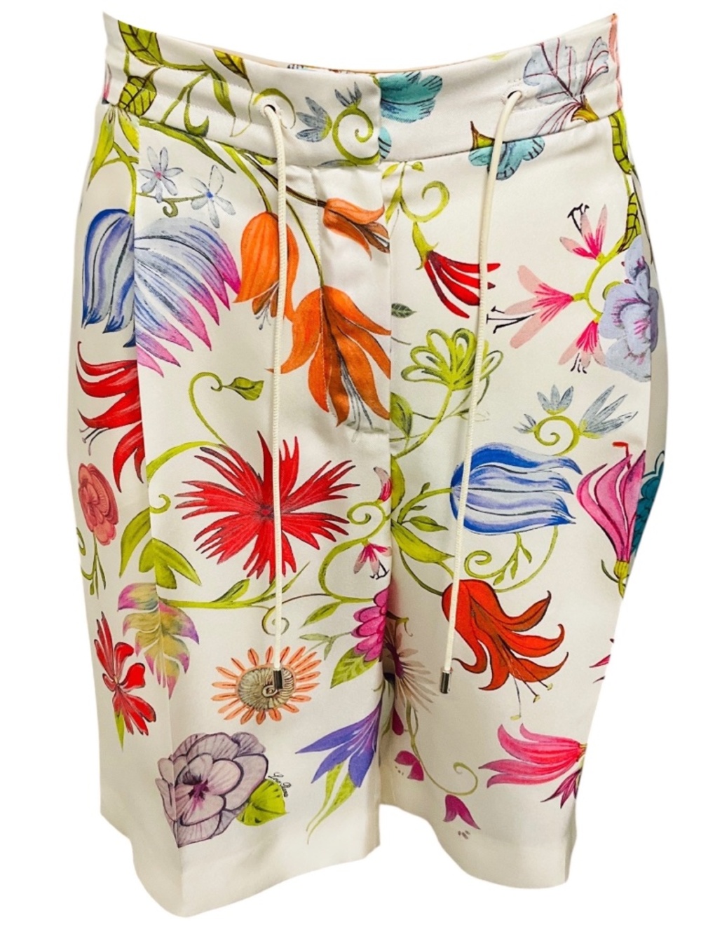 LORO PIANA IVORY MULTI FLORAL JARDIN PRINT SILK LARRIE BERMUDA SHORTS